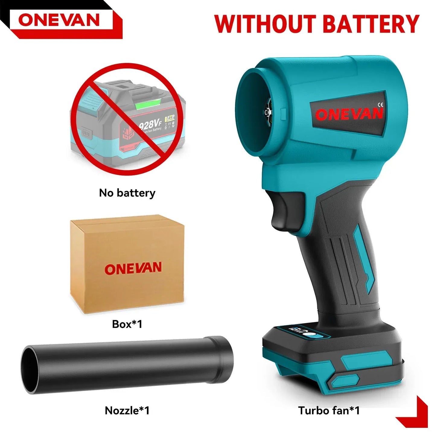 ONEVAN 4000W Brushless Electric Turbo Blower Jet Fan 400M/S 300000RPM Handheld Leaf Blower Dust Blowing Tool for 21V 18V Battery